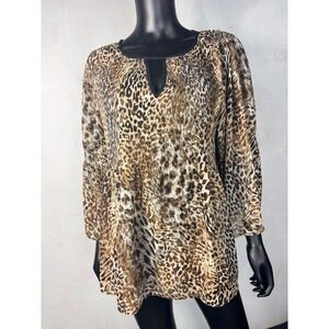 Spense Leopard Print Tunic Top Keyhole Neckline Brown Animal Print Blouse LG